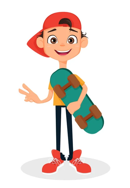 Chico guay con gorra sosteniendo monopatín. Lindo personaje de dibujos animados. Ilustración vectorial . — Vector de stock