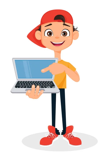 Cooler Junge mit Mütze und Laptop. Nette Zeichentrickfigur. Vektorillustration. — Stockvektor