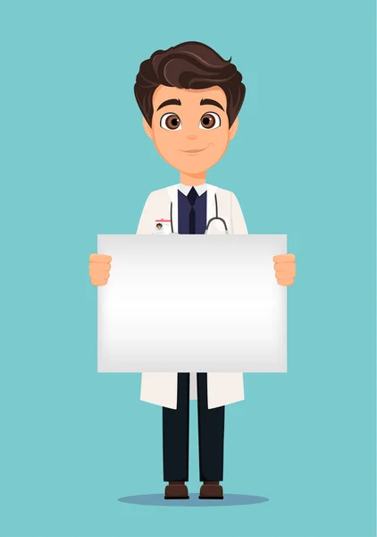 Medical doctor in white coat holding blank banner. Vector illustration. EPS10 — Stock Vector