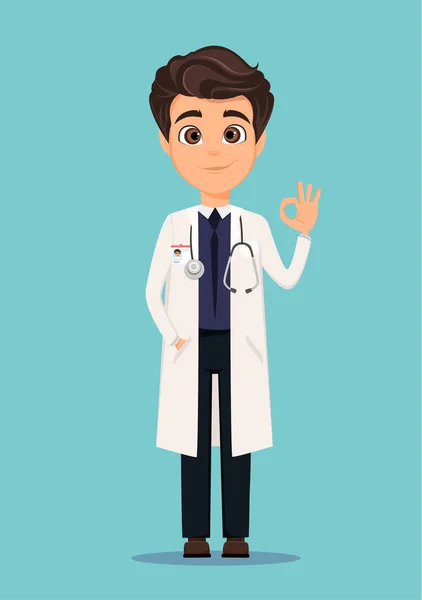 หมอทางการแพทย์ในเสื้อโค้ทสีขาว แสดงป้ายโอเค ภาพเวกเตอร์ อีพีเอส10 — ภาพเวกเตอร์สต็อก