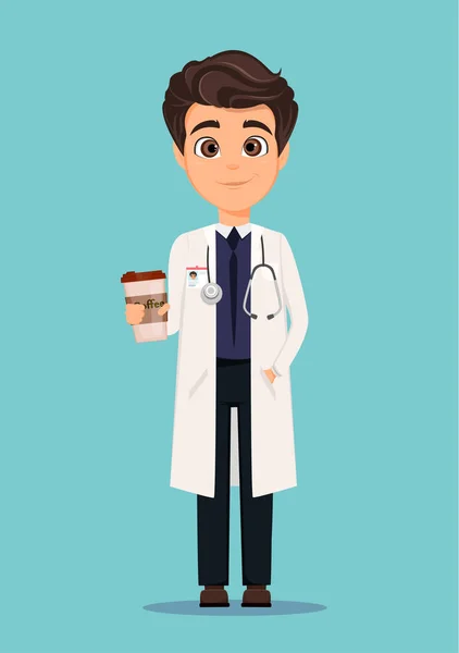 Лікар в білому пальто і тримає чашку кави. Векторні ілюстрації. ЕПС10 — стоковий вектор