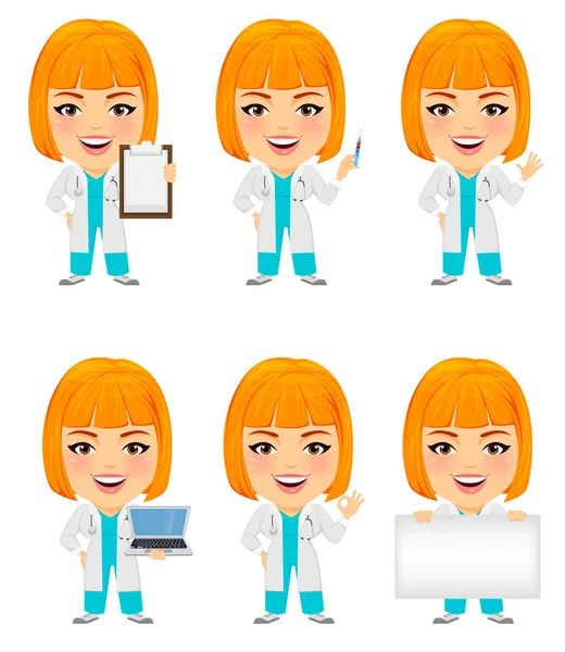 Médico mulher set. Personagem de desenho animado engraçado com cabeça grande. Ilustração vetorial. EPS10 — Vetor de Stock