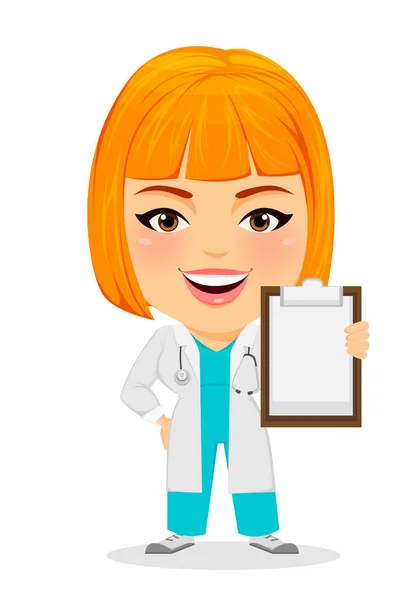 Médico médico mujer sosteniendo jeringa. Divertido personaje de dibujos animados con cabeza grande. Ilustración vectorial. EPS10 — Vector de stock