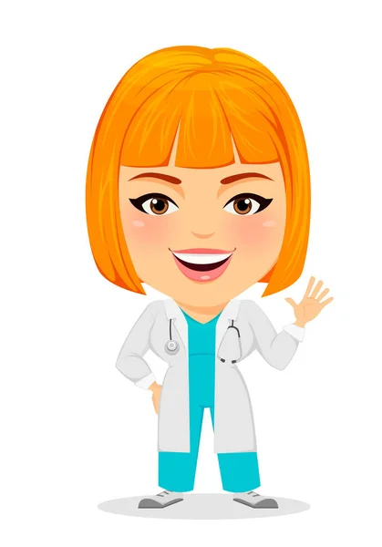 Médico médico mujer diciendo hola. Divertido personaje de dibujos animados con cabeza grande. Ilustración vectorial. EPS10 — Vector de stock