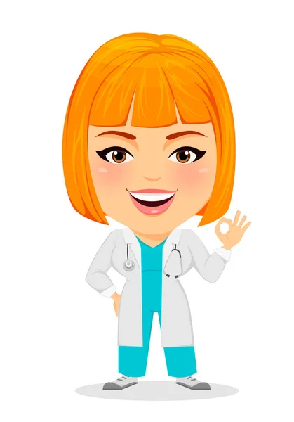 Médico médico mujer mostrando OK signo. Divertido personaje de dibujos animados con cabeza grande. Ilustración vectorial. EPS10 — Vector de stock