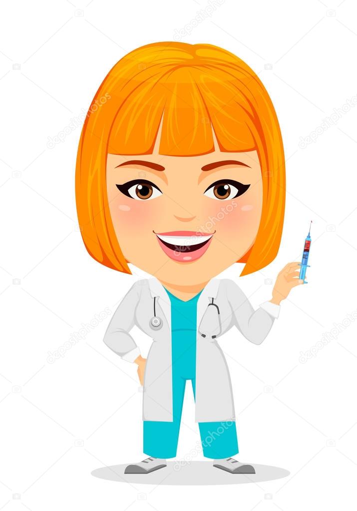 Medical doctor woman holding syringe. Funny cartoon character with big
