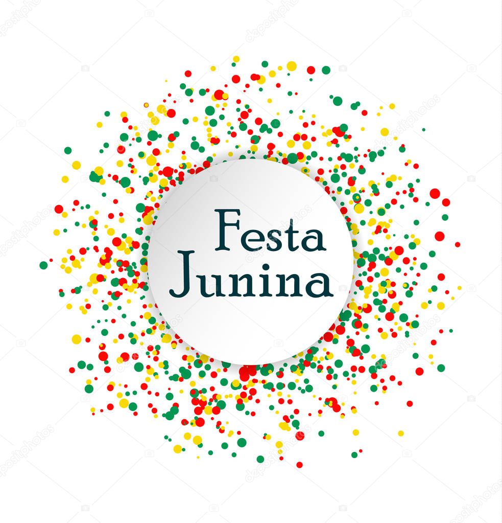 Festa Junina Brasil festival. Abstract pattern made of colored dots on white background. Red, yellow and green confetti for carnival backdrop, design element. Vector illustration