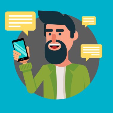 Sakallı adam ile smartphone. Hipster adam modern telefon üzerinden arkadaşlarıyla iletişim kurmak. Mavi arka plan üzerinde vektör çizim.