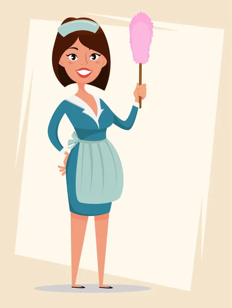 Meid, schattig meisje gekleed in een klassieke Franse meid kleren, houden van stof borstel glimlachen. Stripfiguur. Schoonmaak service advertentie. Vectorillustratie. — Stockvector