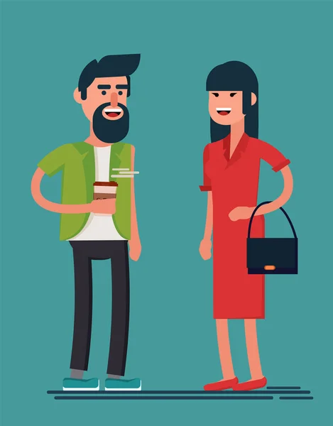 Man en vrouw die lacht. Bebaarde man met koffie en dame in rode jurk ontmoetten elkaar in de straat en hebben een leuk gesprek. Geometrische mensen. Eenvoudig ontwerp. Voorraad vector. — Stockvector