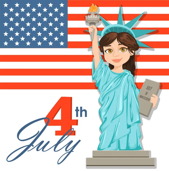 Estatua de la Libertad. 4 de julio. Día de la Independencia. Lindo personaje estilizado de dibujos animados con bandera de EE.UU. en el fondo. Ilustración patriótica vectorial para vacaciones en Estados Unidos . — Vector de stock