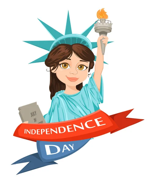 Statue of Liberty. July 4th. Independence Day. Cute cartoon stylized character, greeting card. Vector patriotic illustration for USA holidays. — Stock Vector