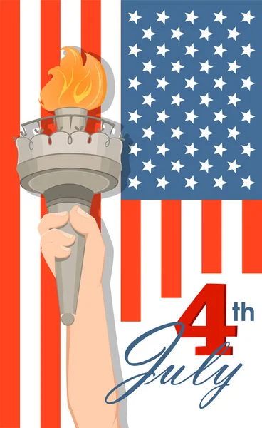 Socha svobody ruka s pochodní a vlajky na pozadí. 4. července. Den nezávislosti. Vektor vlastenecké blahopřání pro Usa svátky. — Stockový vektor