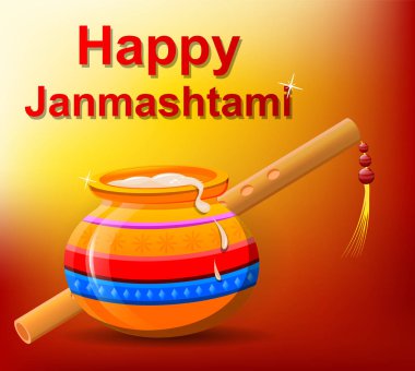 Mutlu Krishna Janmashtami. Pot tereyağı ve güzel turuncu arka plana flüt ile. Vektör çizim.