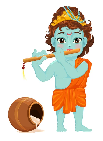 Happy Janmashtami. Celebrating birth of Krishna. Boy with flute. Traditional Indian fest. Vector illustration — Stock Vector