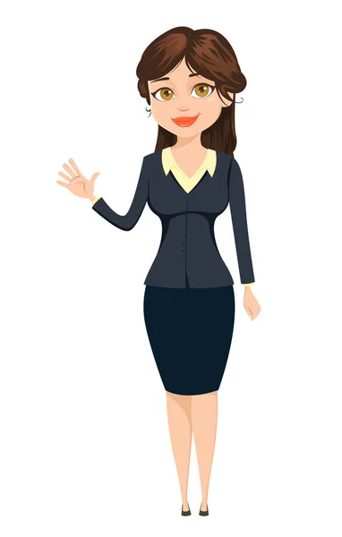 Mujer de negocios haciendo un gesto de saludo. Lindo personaje de dibujos animados. Ilustración vectorial aislada sobre fondo blanco — Vector de stock