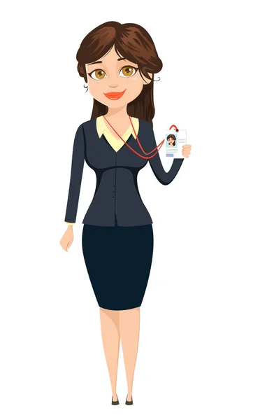 Geschäftsfrau zeigt ihr Abzeichen. Nette Zeichentrickfigur. Vektor-Illustration isoliert auf weißem Hintergrund — Stockvektor