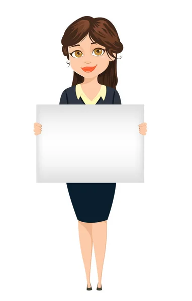 Geschäftsfrau mit leerem Werbebanner. Nette Zeichentrickfigur. Vektor-Illustration isoliert auf weißem Hintergrund — Stockvektor