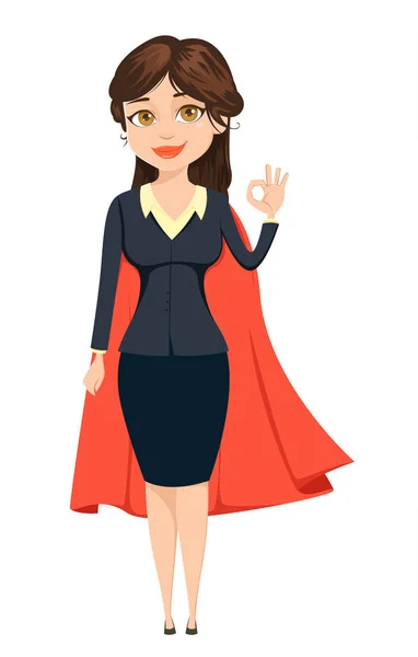 Una mujer de negocios con una capa roja mostrando un signo de OK como una súper mujer. Ella se encargará de todo. Lindo personaje de dibujos animados. Ilustración vectorial aislada sobre fondo blanco — Vector de stock