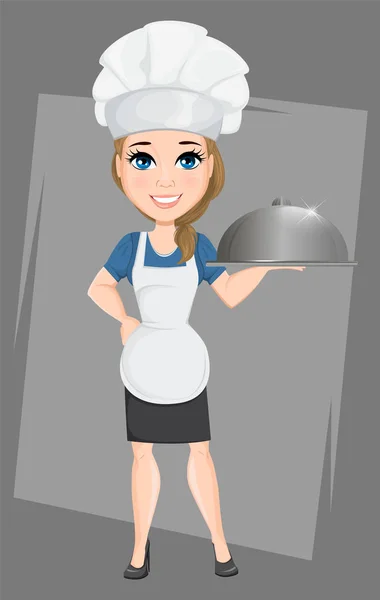 Chef femme tenant cloche restaurant. Mignon personnage de dessin animé cuisinier. Illustration vectorielle. PSE10 — Image vectorielle