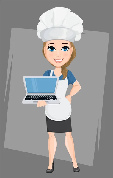 Chef mujer con portátil. Lindo personaje de dibujos animados cocinero. Ilustración vectorial. EPS10 — Vector de stock