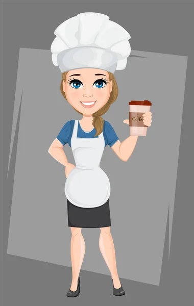 Chef femme avec une tasse de café se reposer pendant la pause café. Mignon personnage de dessin animé cuisinier. Illustration vectorielle. PSE10 — Image vectorielle