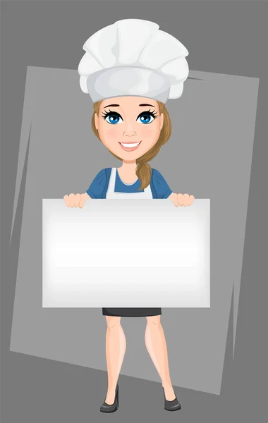 Chef mujer sosteniendo gran pancarta en blanco. Lindo personaje de dibujos animados cocinero. Ilustración vectorial. EPS10 — Vector de stock