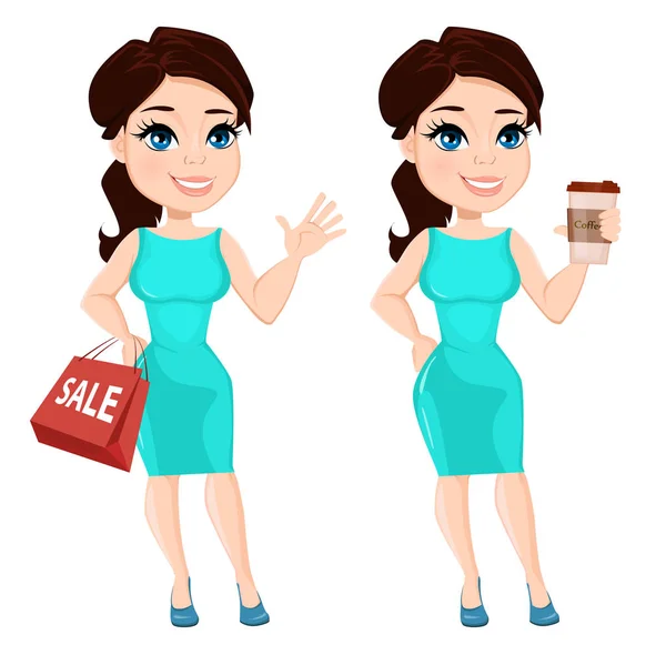 Mujer bonita en vestido vibrante, sosteniendo café y sosteniendo bolsa de papel para la venta. Lindo personaje de dibujos animados. Ilustración vectorial — Archivo Imágenes Vectoriales