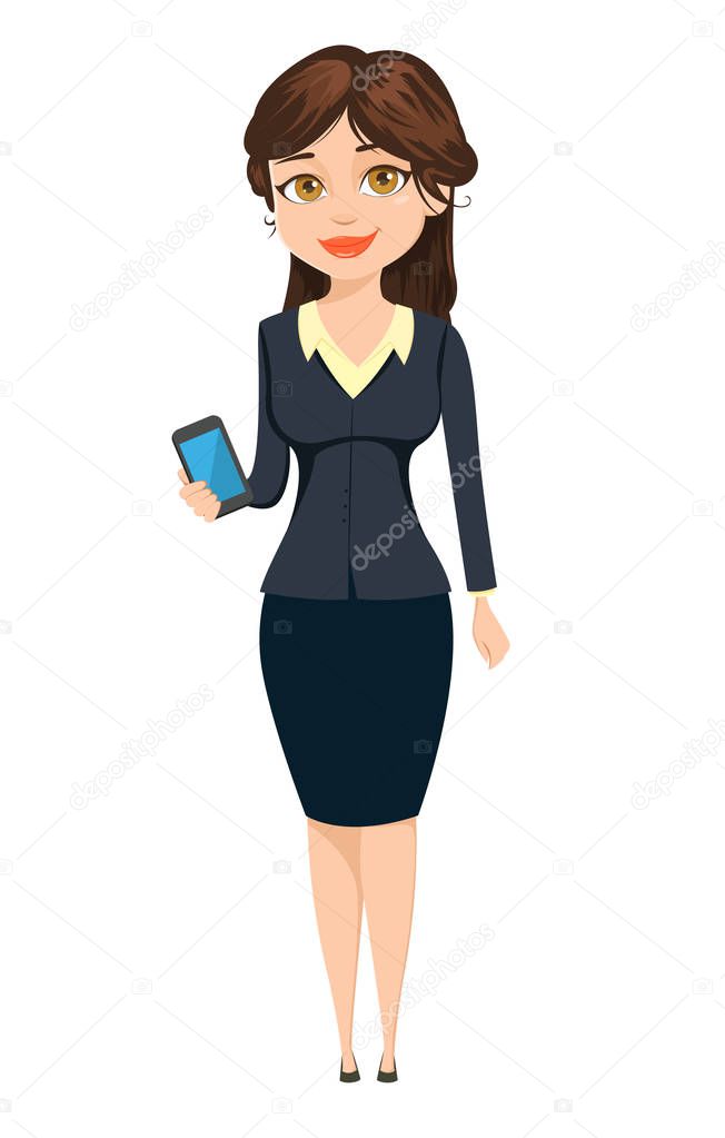 Businesswoman standing with smartphone. Cute cartoon character. Vector illustration isolated on white background
