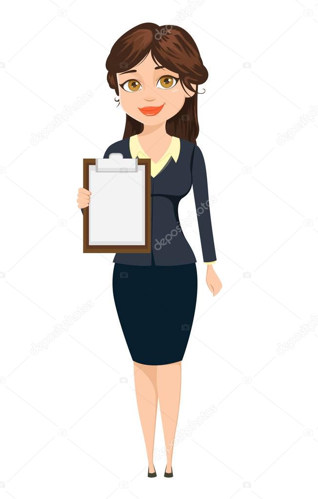Businesswoman standing with clipboard. Cute cartoon character. Vector illustration isolated on white background