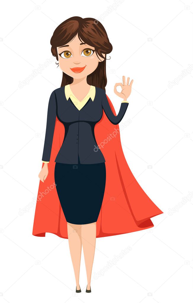 Businesswoman in a red cloak showing OK sign like super woman. She will manage everything. Cute cartoon character. Vector illustration isolated on white background