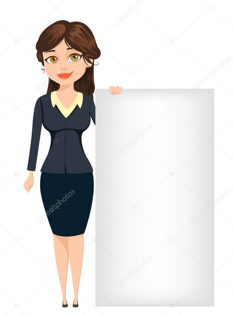 Businesswoman standing near big blank sign. Cute cartoon character. Vector illustration isolated on white background