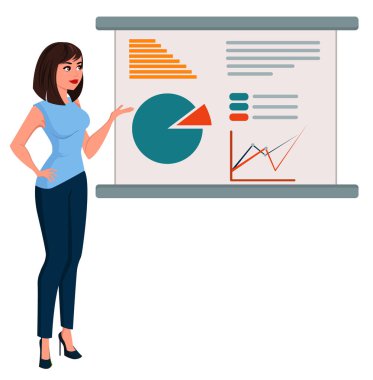 Infographic kurula yakın duran office giysili genç çizgi film iş kadını. Güzel esmer kız sunum yapma. İzometrik işkadını 3d etkisi ile. Vektör