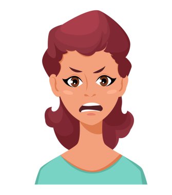 Yüz ifadesi bir kadının - öfke. Kadın duygular. Çekici çizgi film karakteri. Beyaz arka plan üzerinde izole vektör çizim.