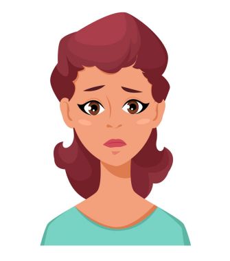 Yüz ifadesi bir kadının - hayal kırıklığı. Kadın duygular. Çekici çizgi film karakteri. Beyaz arka plan üzerinde izole vektör çizim.