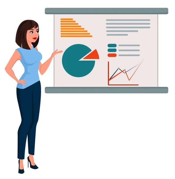 Mladí kreslený obchodní žena v úřadu šatech stojící poblíž deska s infografiku. Krásná bruneta holka dělat prezentace. Izometrické podnikatelka s 3d efektem. Vektor — Stockový vektor