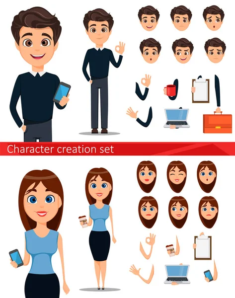 Hombre de negocios y mujer de negocios creación de personajes de dibujos animados conjunto. Construir su diseño personal - vector de stock — Vector de stock