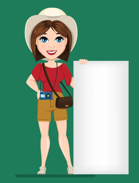 Mulher turística, viajante em pé perto de banner em branco. Personagem de desenho animado bonito. Ilustração vetorial . — Vetor de Stock