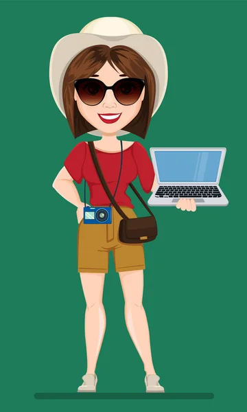 Touristin, Reisende mit Sonnenbrille und Laptop. Nette Zeichentrickfigur. Vektorillustration. — Stockvektor