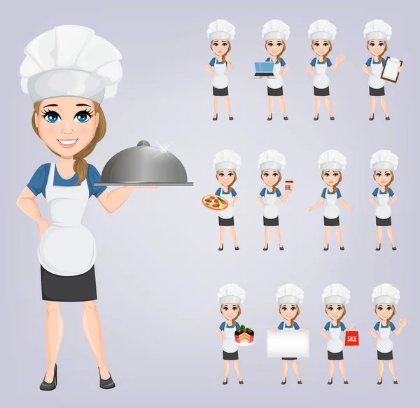 Chef mulher definida. Bonito cozinheiro personagem de desenho animado. Ilustração vetorial. EPS10 — Vetor de Stock