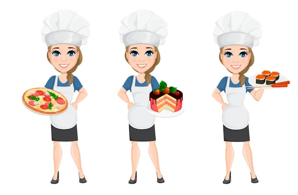 Conjunto de mujer chef. Lindo personaje de dibujos animados cocinero con pizza, pastel y sushi. Ilustración vectorial. EPS10 — Vector de stock