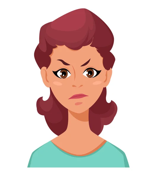 Face expression of a woman - dissatisfied, angry. Female emotions. Attractive cartoon character. Vector illustration isolated on white background. — Stock Vector