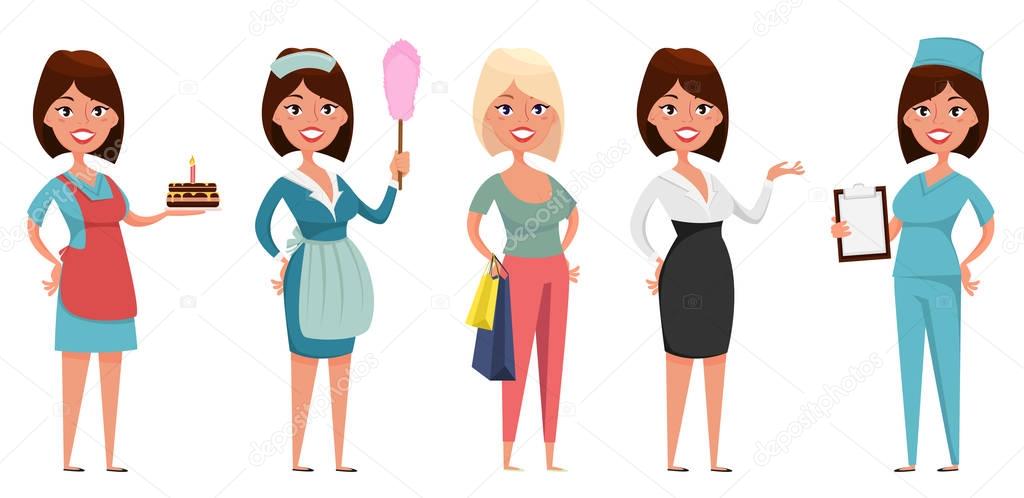 Cute cartoon character in different situations. Housewife, maid, shopper, business woman and nurse. Set of vector illustrations. 