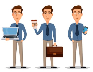 İş adamı, izole üzerinde beyaz arka plan 3 dizi teşkil etmektedir. Kahve ile ayakta ve smartphone - hisse senedi vektör gösterilen laptop, holding