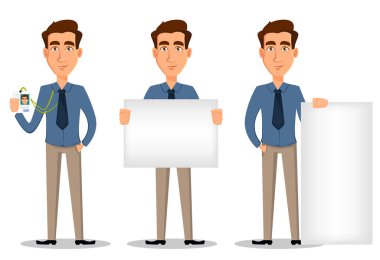 İş adamı, izole üzerinde beyaz arka plan 3 dizi teşkil etmektedir. Rozeti gösterilen, afiş tutarak ve yakın ana başlık - hisse senedi vektör ayakta