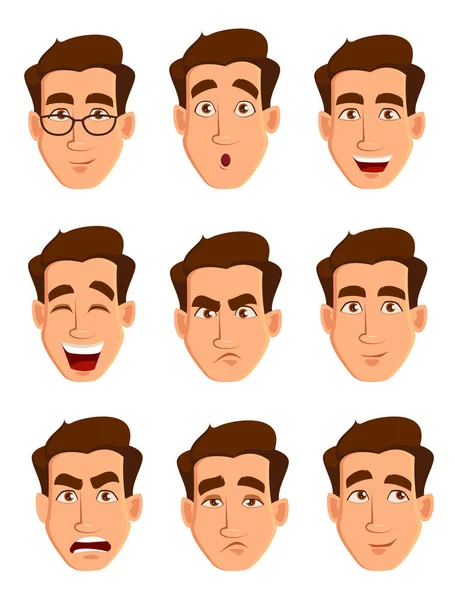 Expresiones faciales de un hombre. Diferentes emociones masculinas. Atractivo personaje de dibujos animados. Ilustración vectorial aislada sobre fondo blanco . — Vector de stock