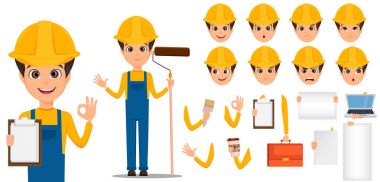 Oluşturucu karikatür karakter oluşturma küme. Genç yakışıklı Installer üniforma ve kask. Kişisel Tasarım - hisse senedi vektör oluşturmak