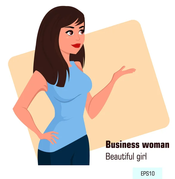 Joven mujer de negocios de dibujos animados en ropa de oficina de estilo mostrando algo. Hermosa mujer de negocios morena. Proyección isométrica. vector de stock — Vector de stock