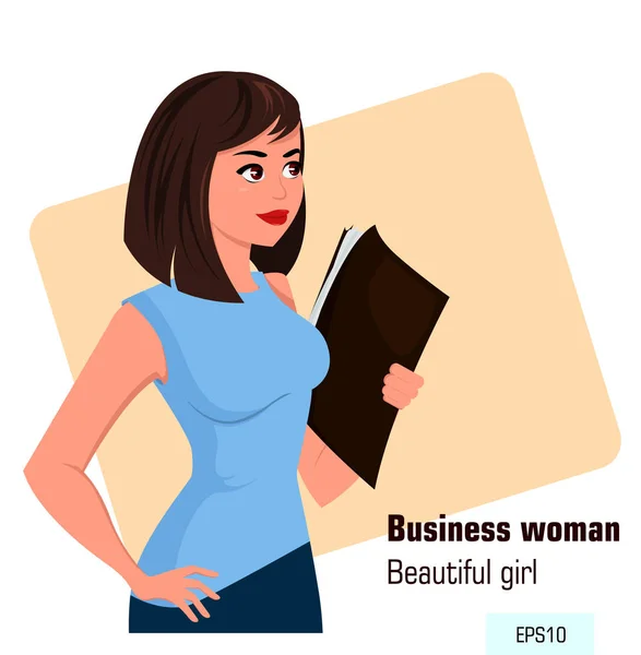 Joven mujer de negocios de dibujos animados con archivo en la mano izquierda, con ropa de oficina de estilo. Hermosa mujer de negocios morena. Proyección isométrica. vector de stock — Vector de stock