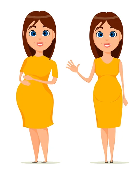 Carina donna incinta in abito giallo. Bella bruna donna incinta in piedi in due pose. Buona festa della mamma. Un personaggio dei cartoni. Illustrazione vettoriale . — Vettoriale Stock